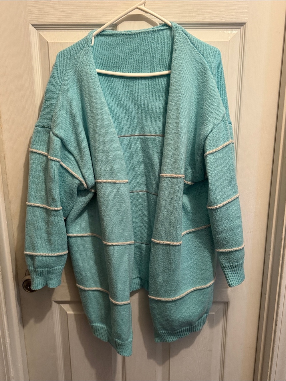 Teal & White Striped Oversized Cardigan Sweater - 3X Plus Size Open Front